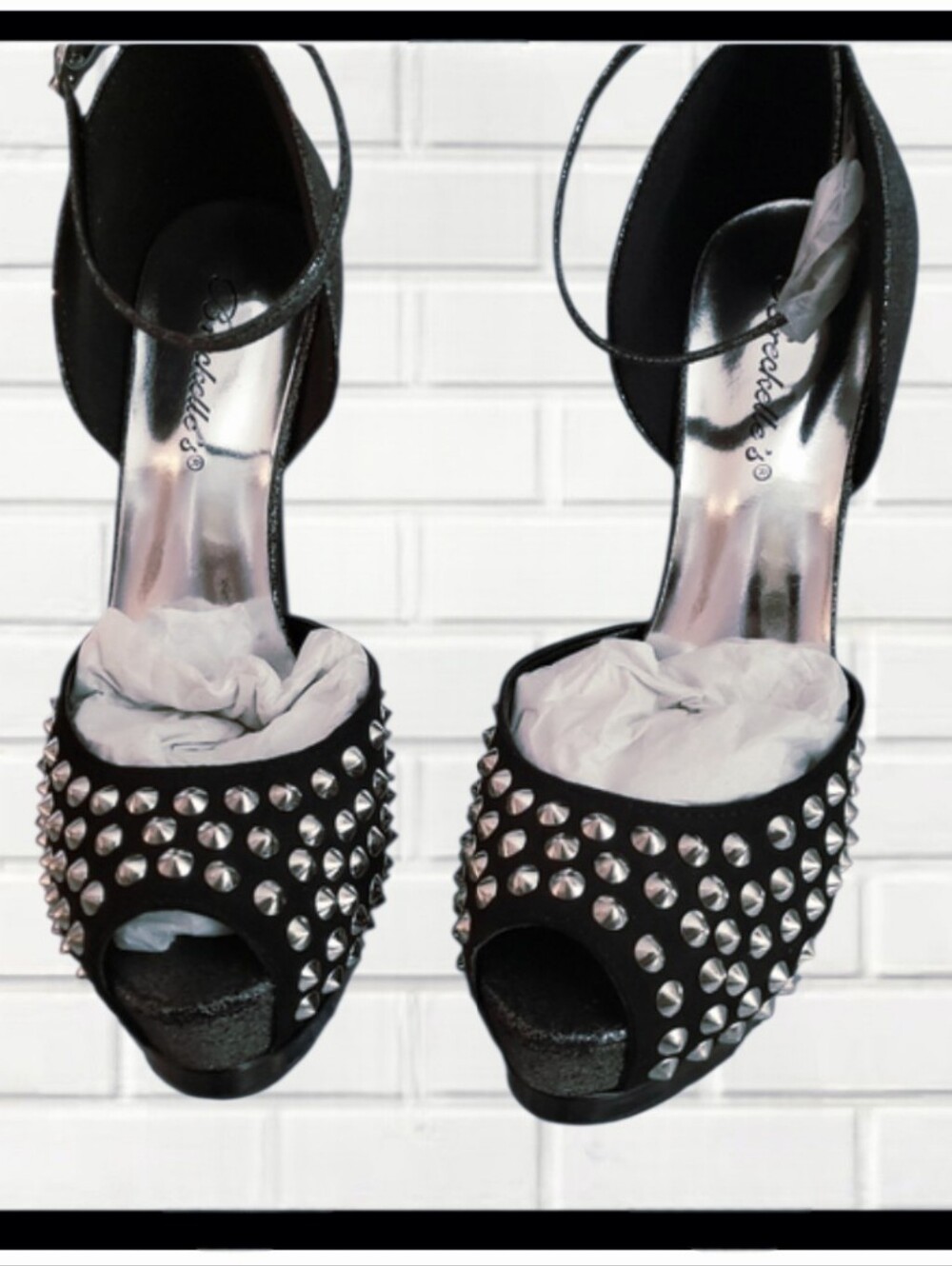BRECKELLE'S Silver Embellished Gem Studded Black Platform Stilettos Sz 5.5